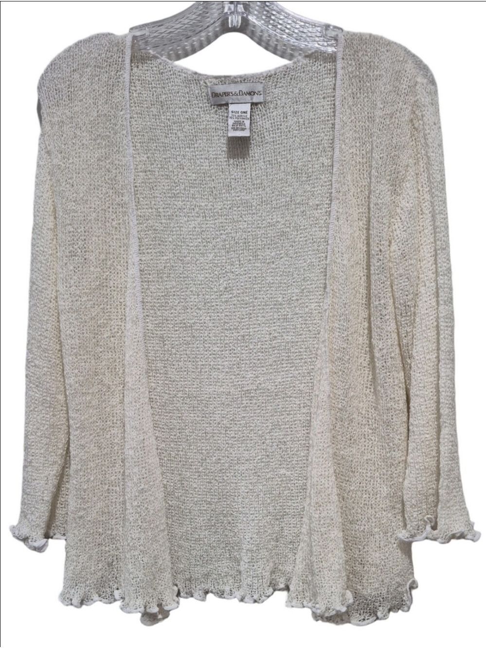 Draper's & Damon's Ivory Open Front Knit Cardigan Size One Ruffle Lettuce Hem